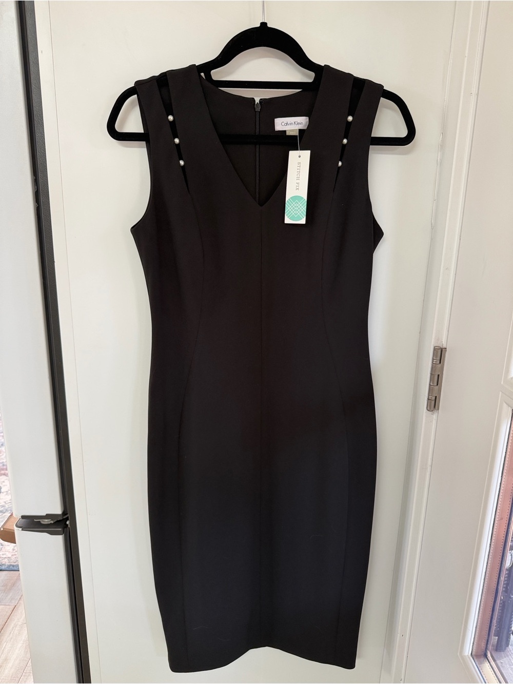 Calvin Klein Black Sleeveless V-Neck Sheath Dress with Pearl-Trim Straps
